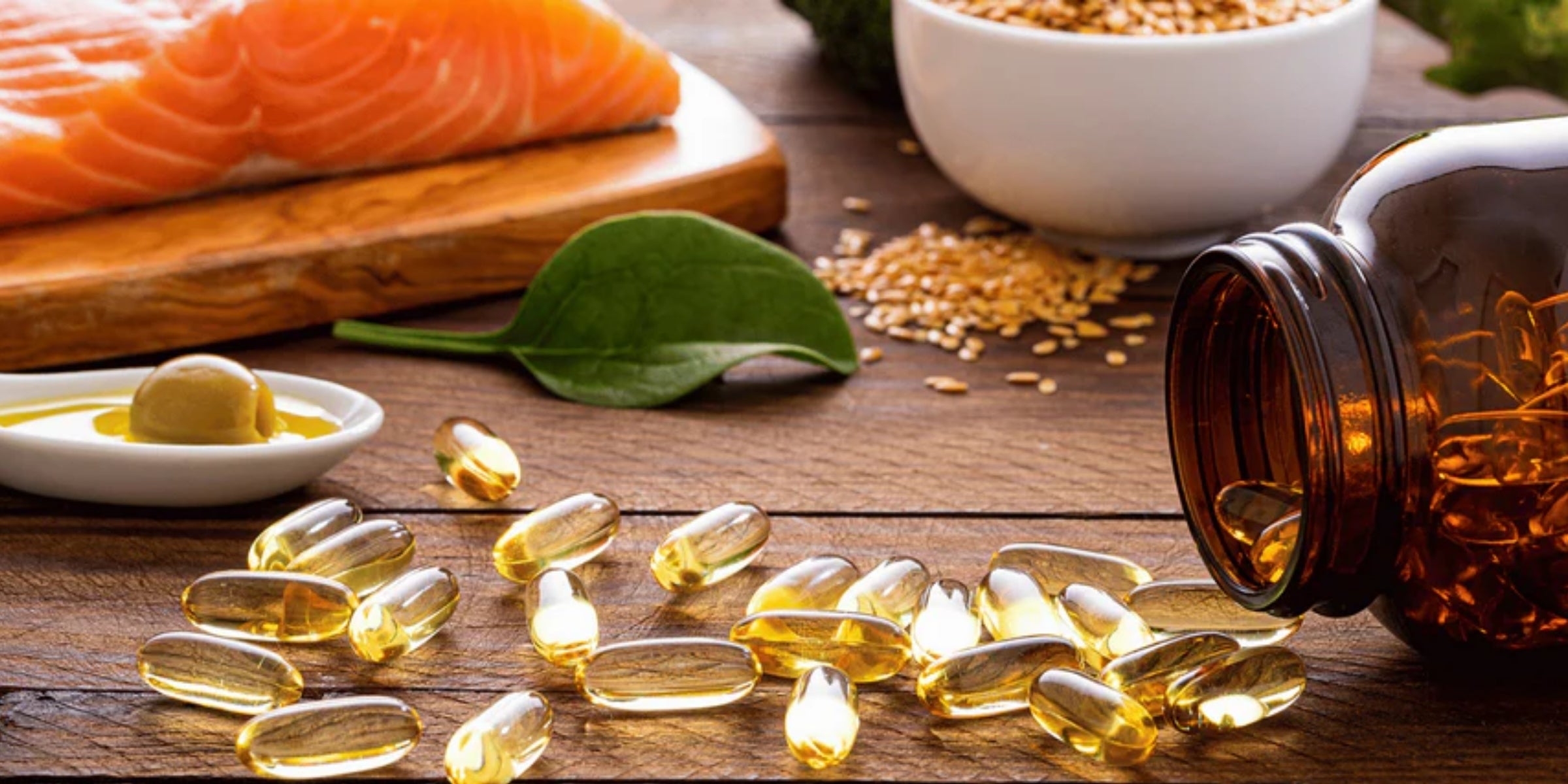 a variety of food items and supplements rich in omega-3 fatty acids, emphasizing a healthy dietary choice