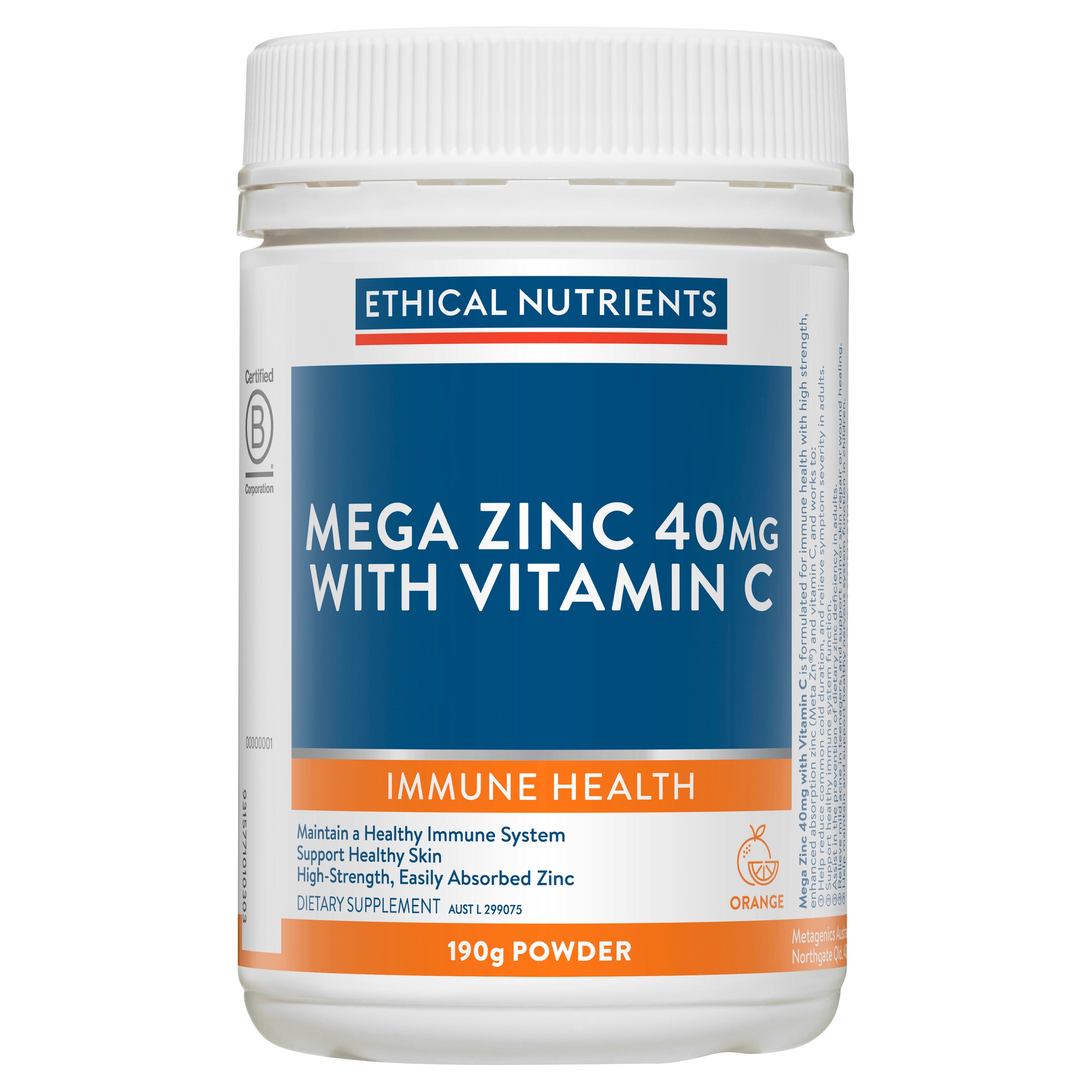 Ethical Nutrients Mega Zinc 40mg with Vitamin C Powder Orange 190g #size & flavour_orange 190g