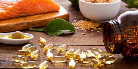  a variety of food items and supplements rich in omega-3 fatty acids, emphasizing a healthy dietary choice