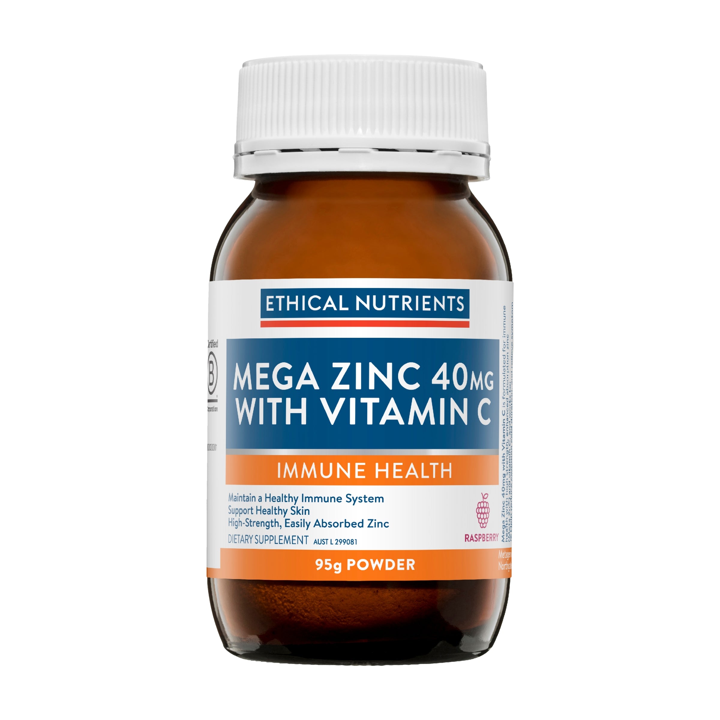 Ethical Nutrients Mega Zinc 40mg with Vitamin C Powder Raspberry 95g #size & flavour_raspberry 95g