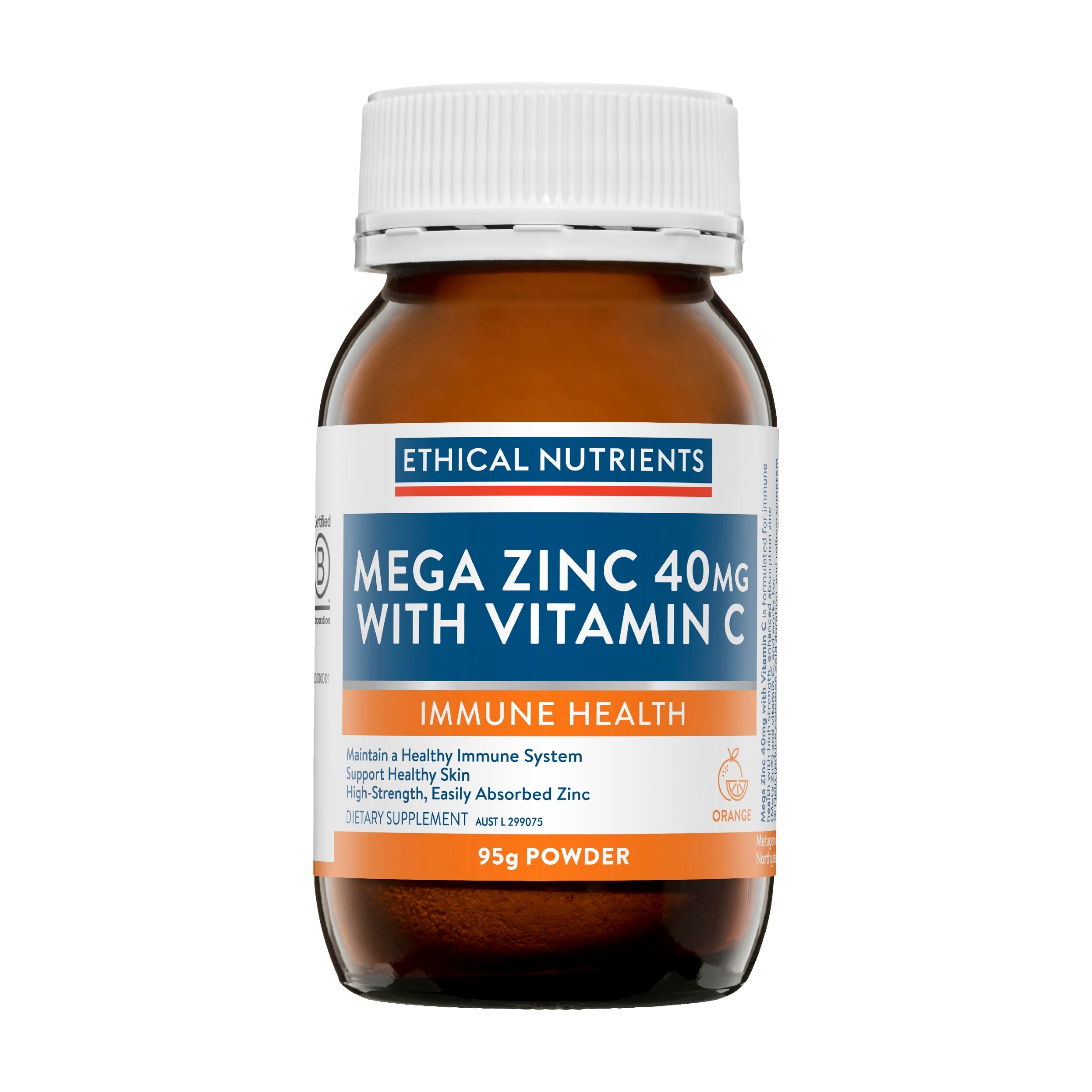 Ethical Nutrients Mega Zinc 40mg with Vitamin C Powder Orange 95g #size & flavour_orange 95g