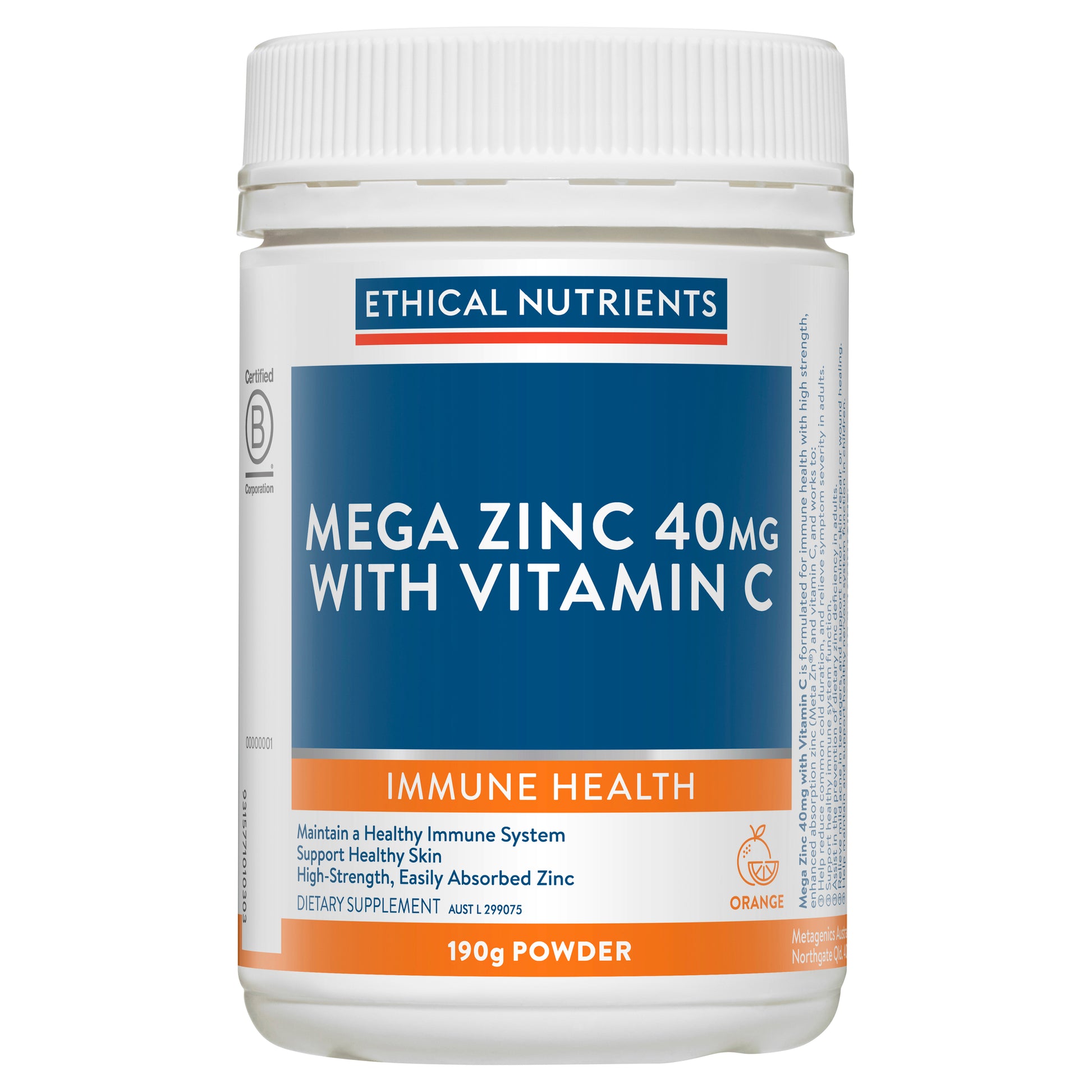 Ethical Nutrients Mega Zinc 40mg with Vitamin C Powder Orange 190g