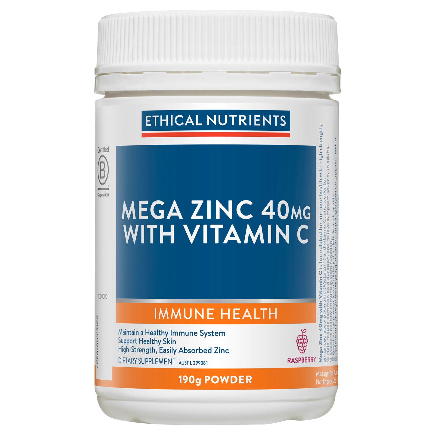 Ethical Nutrients Mega Zinc 40mg with Vitamin C Powder Raspberry 190g