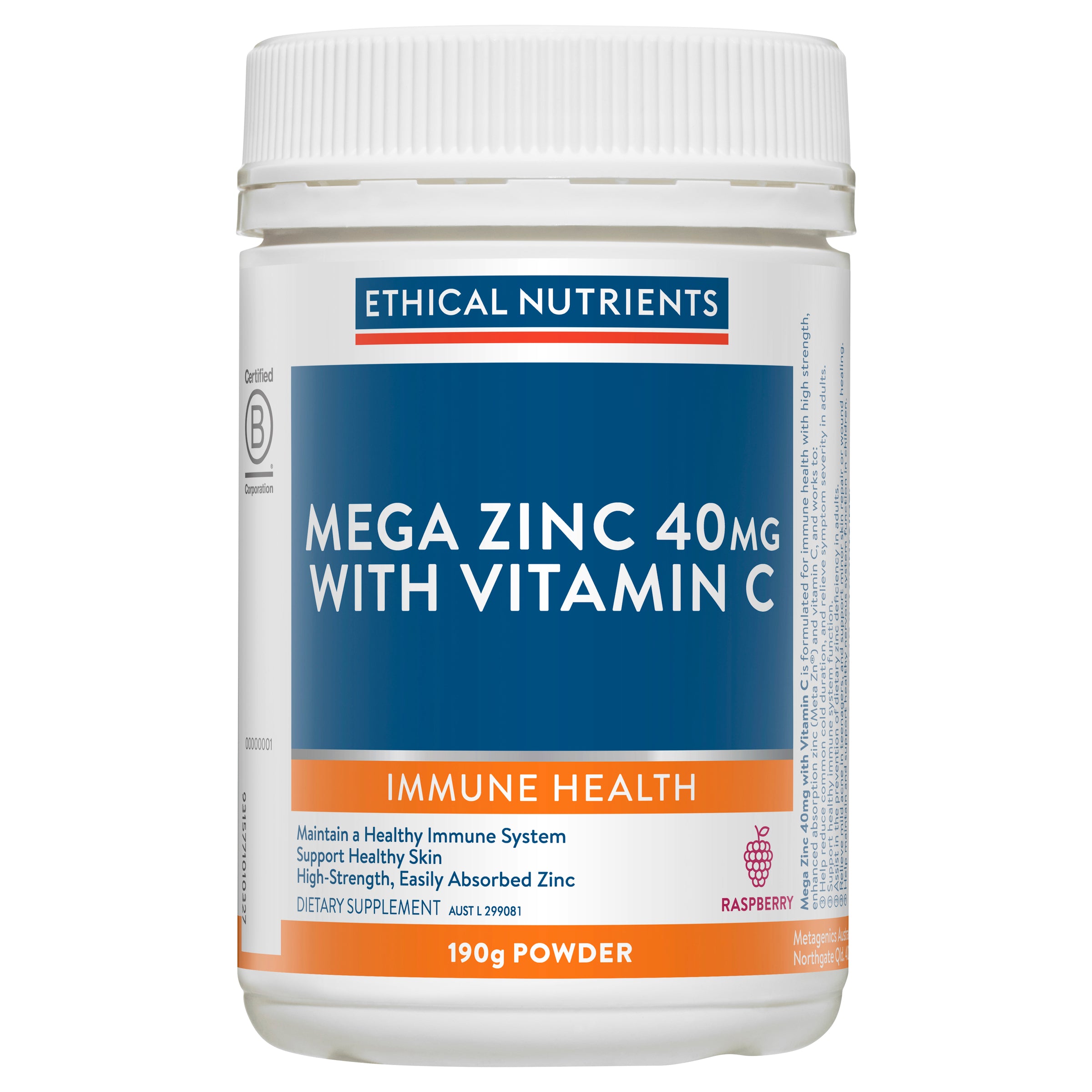 Ethical Nutrients Mega Zinc 40mg with Vitamin C Powder Raspberry 190g #size & flavour_raspberry 190g